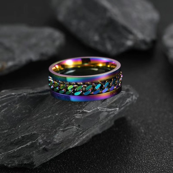Men’s rainbow titanium steel chain band ring NWT 9 - Picture 1 of 11